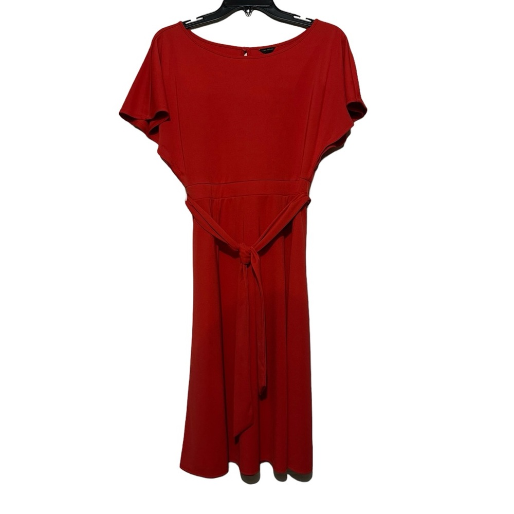 Ann Taylor Long‎ Modest Red Orange Belted Fit Flare Dress Women’s Size 4